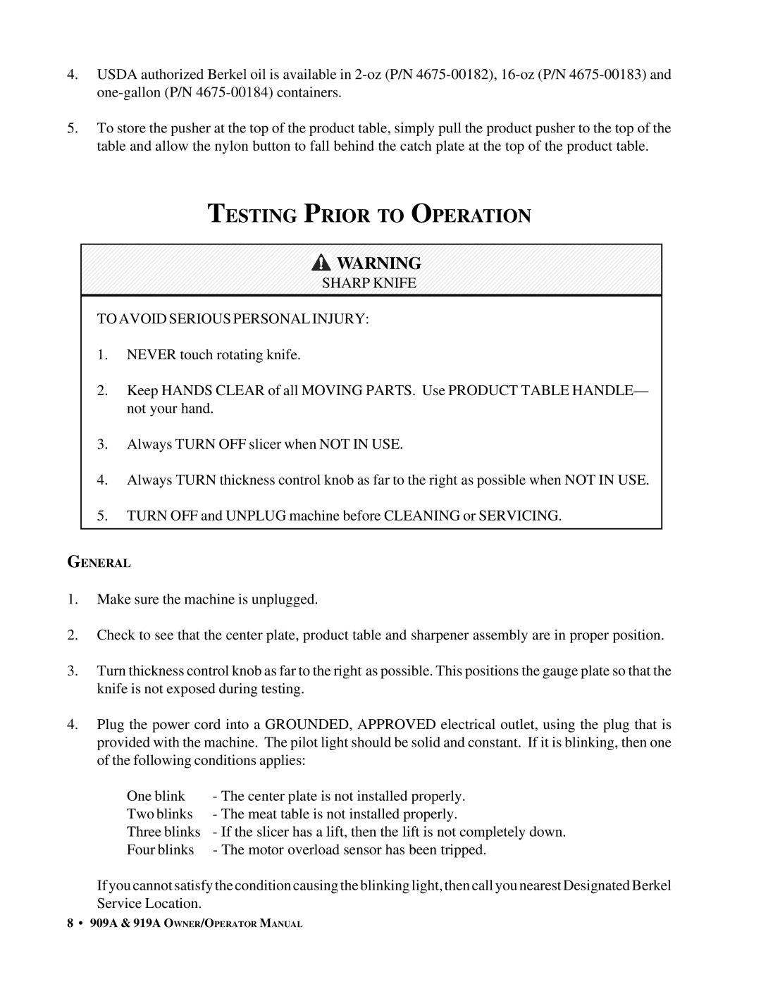 Berkel 919A, 909A important safety instructions Testing Prior to Operation, Sharp Knife To Avoid Serious Personal Injury 