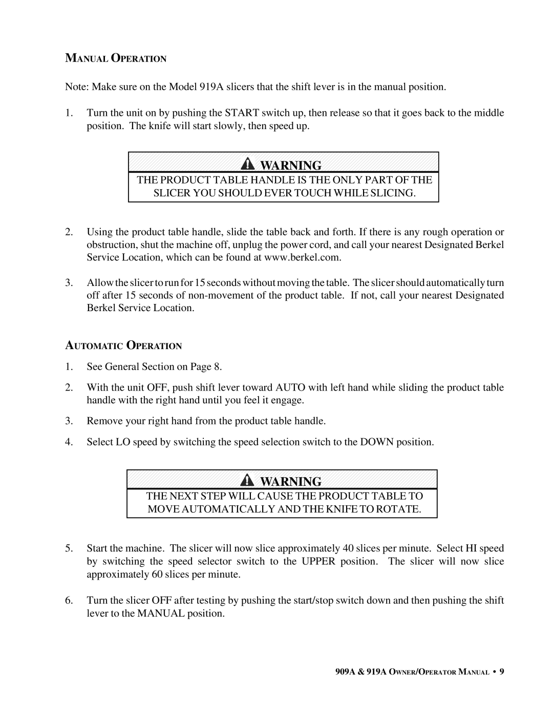 Berkel 909A, 919A important safety instructions Manual Operation 