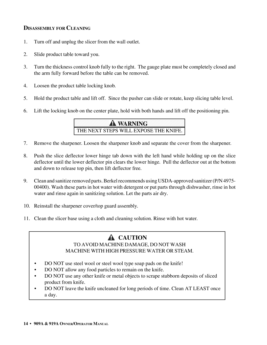 Berkel 919A, 909A important safety instructions Disassembly for Cleaning 