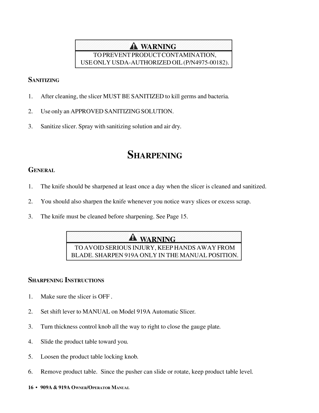 Berkel 919A, 909A important safety instructions Sharpening 