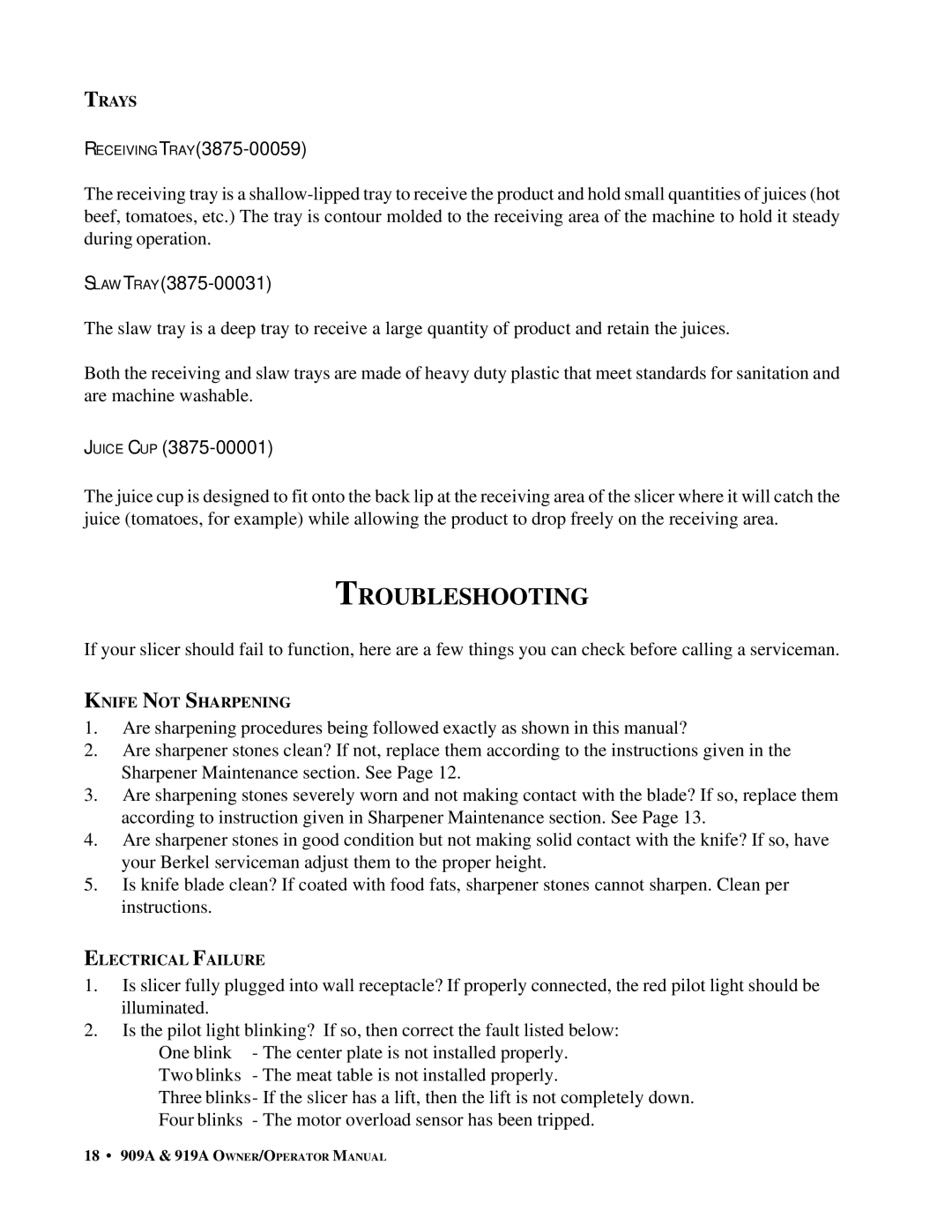 Berkel 919A, 909A important safety instructions Troubleshooting, Receiving Tray 