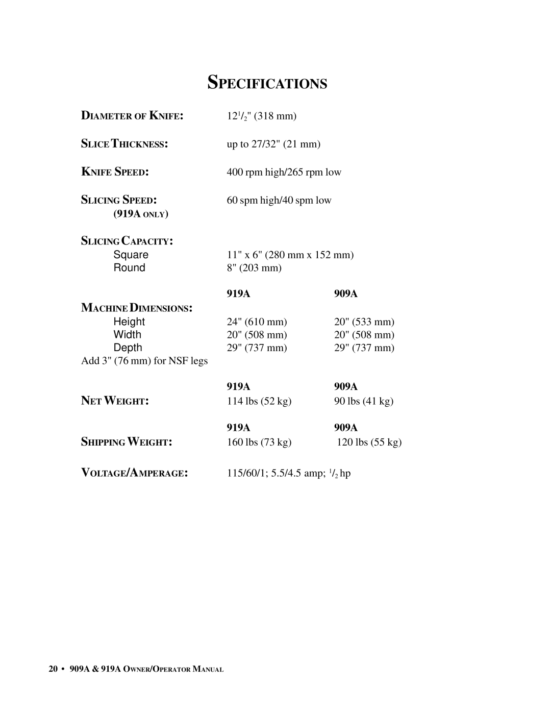 Berkel important safety instructions Specifications, 919A 909A 