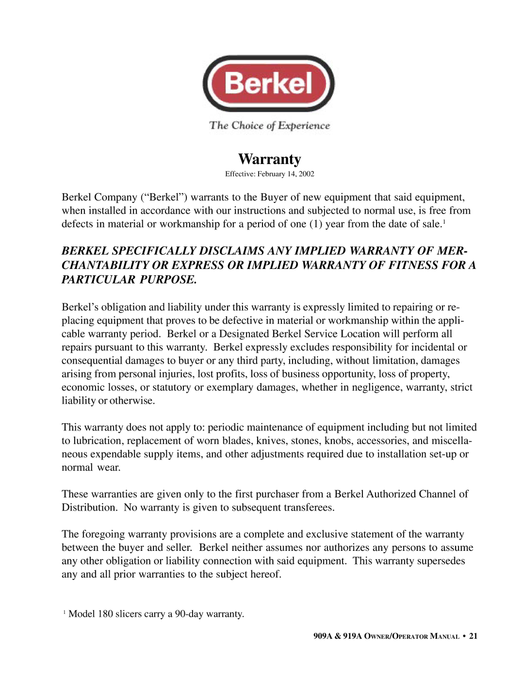 Berkel 909A, 919A important safety instructions Warranty 