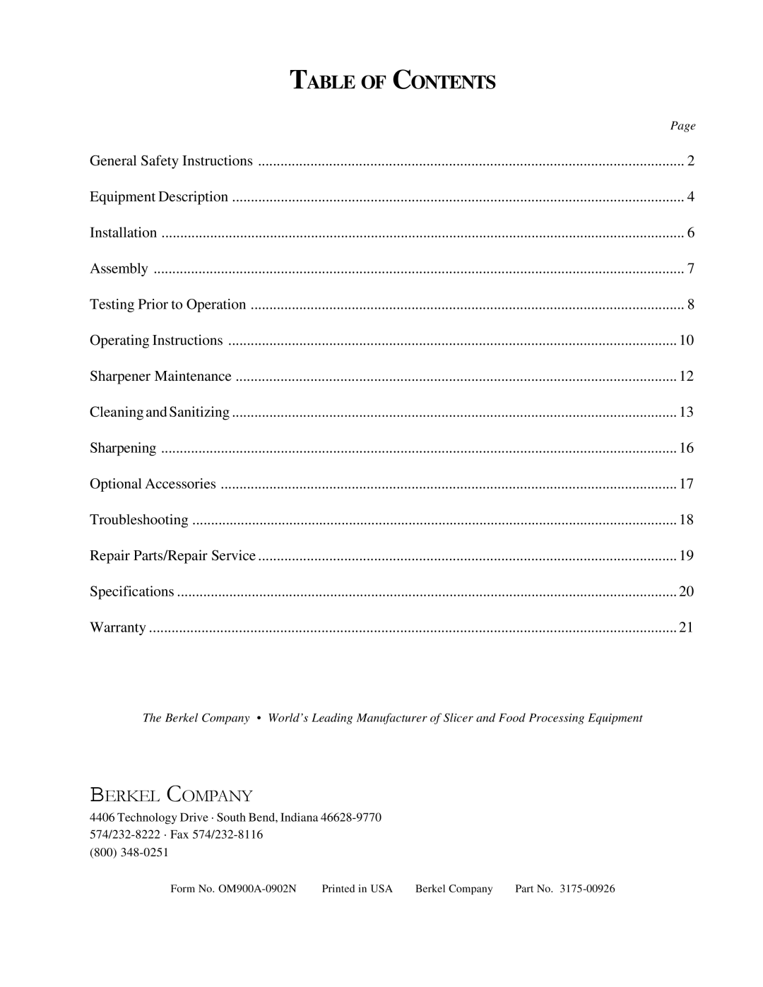 Berkel 909A, 919A important safety instructions Table of Contents 