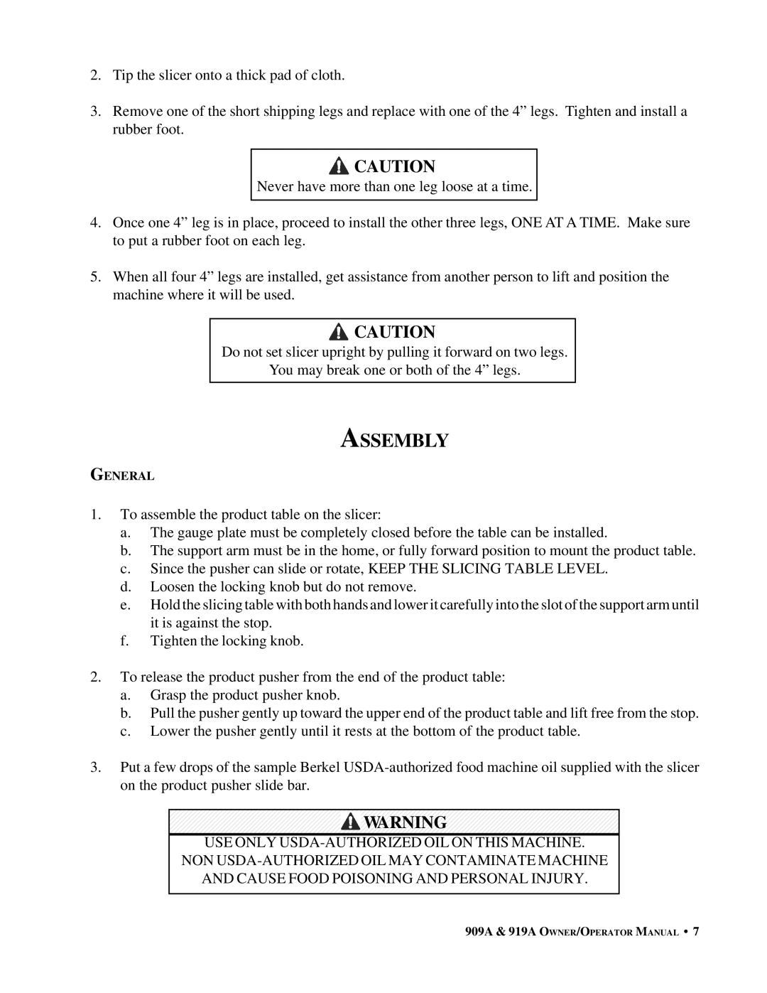 Berkel 909A, 919A important safety instructions Assembly 