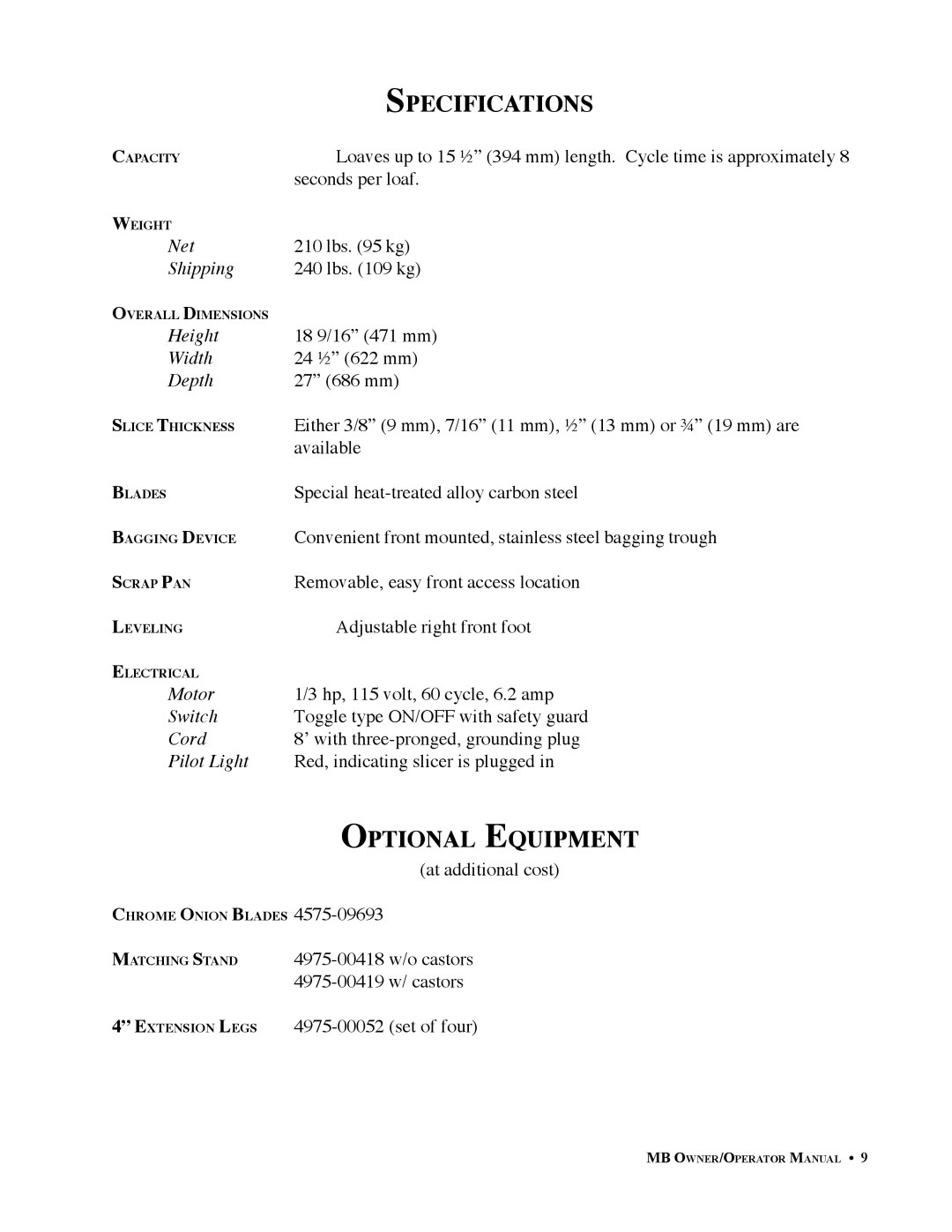 Berkel BK46706 important safety instructions Specifications, Optional Equipment 