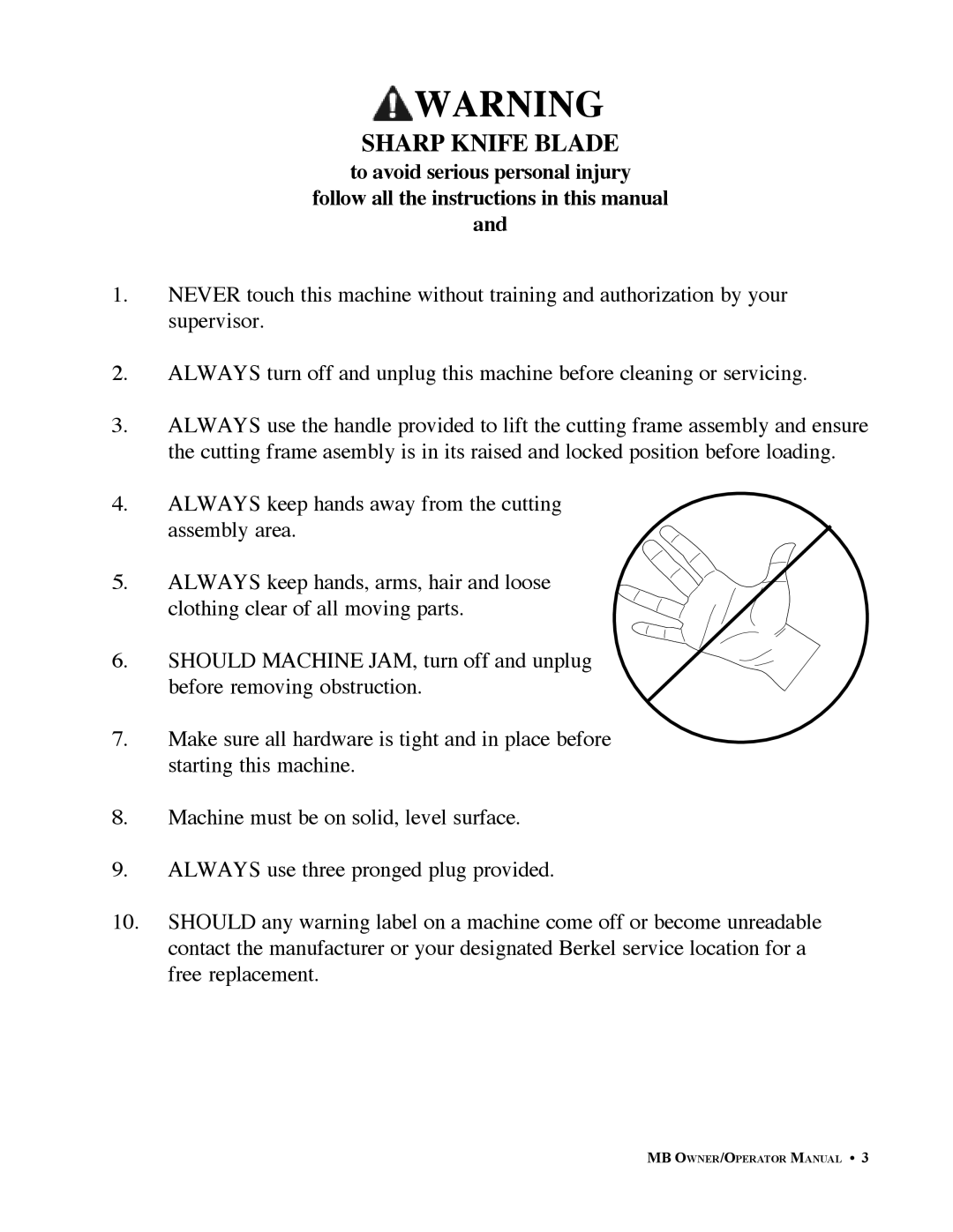 Berkel BK46706 important safety instructions Sharp Knife Blade 