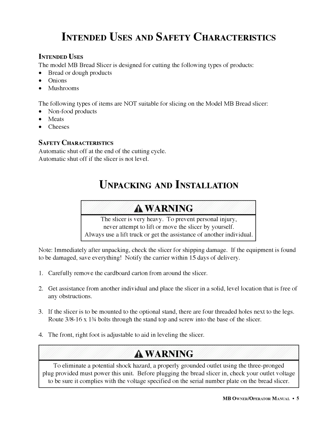 Berkel BK46706 important safety instructions Intended Uses and Safety Characteristics, Unpacking and Installation 