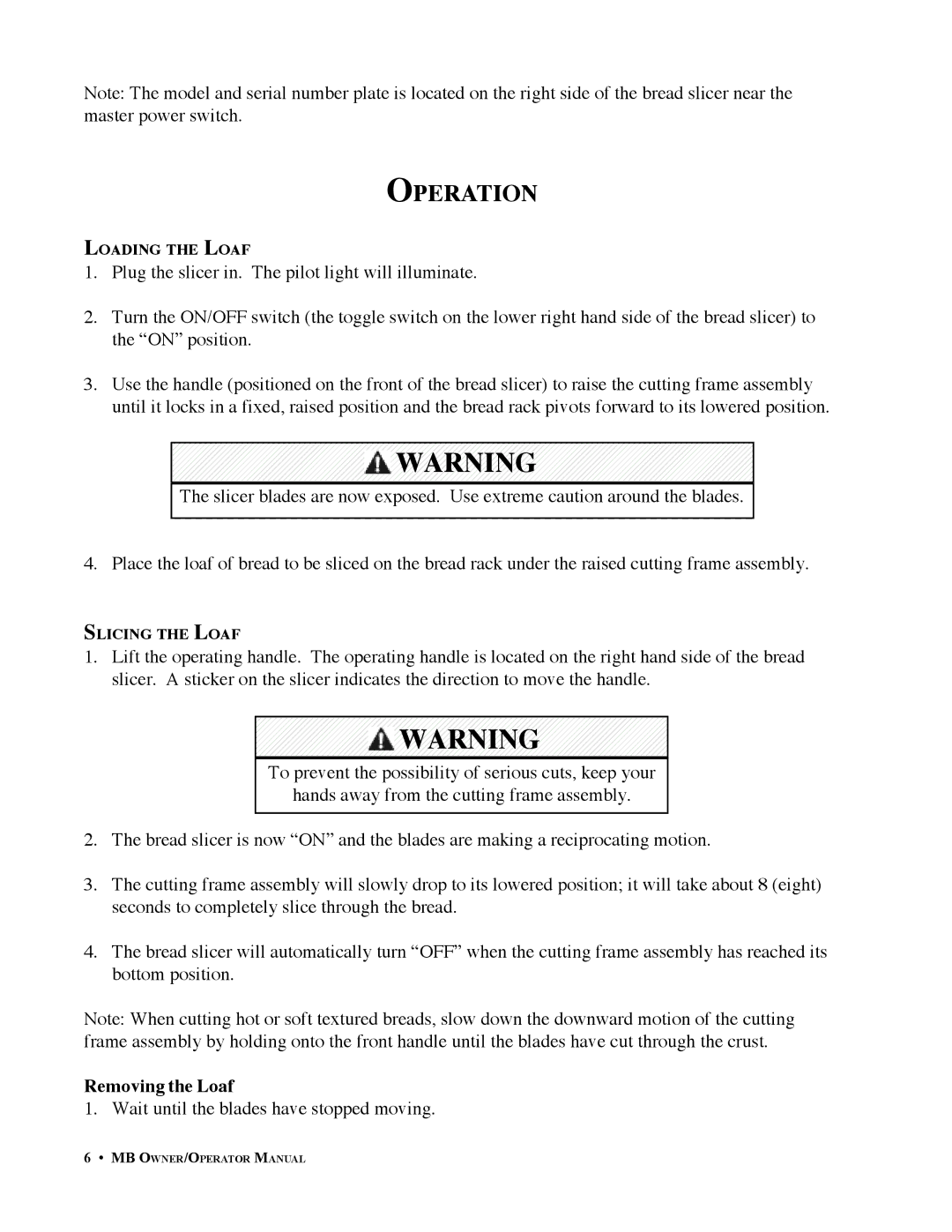 Berkel BK46706 important safety instructions Operation, Removing the Loaf 