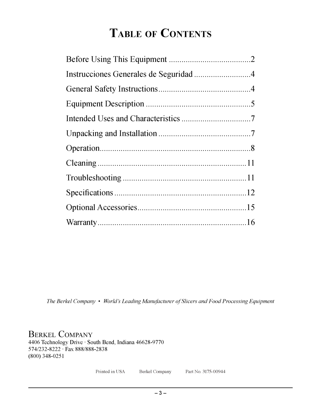 Berkel CC34, C32, B32 manual TaBle of ConTenTs 