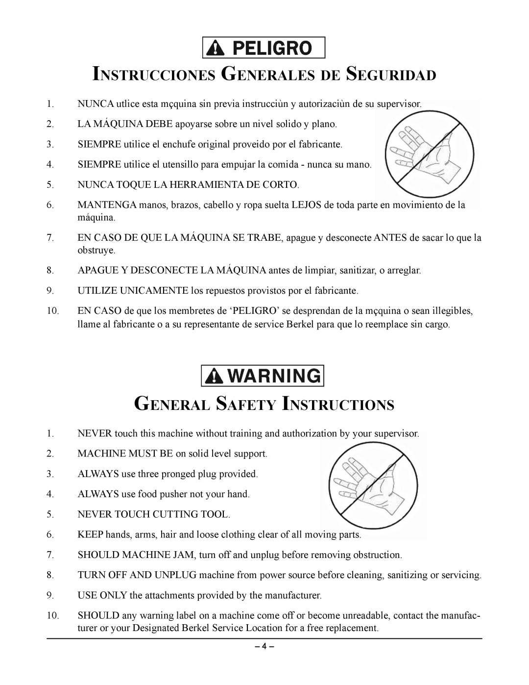 Berkel C32, CC34, B32 manual InsTrUCCiones generales de segUridad, General safeTy insTrUCTions 