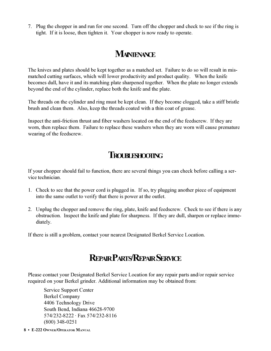 Berkel E-222 important safety instructions Maintenance, Troubleshooting, Repairparts/Repairservice 