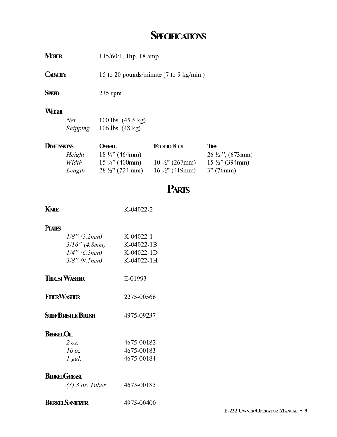 Berkel E-222 important safety instructions Parts 