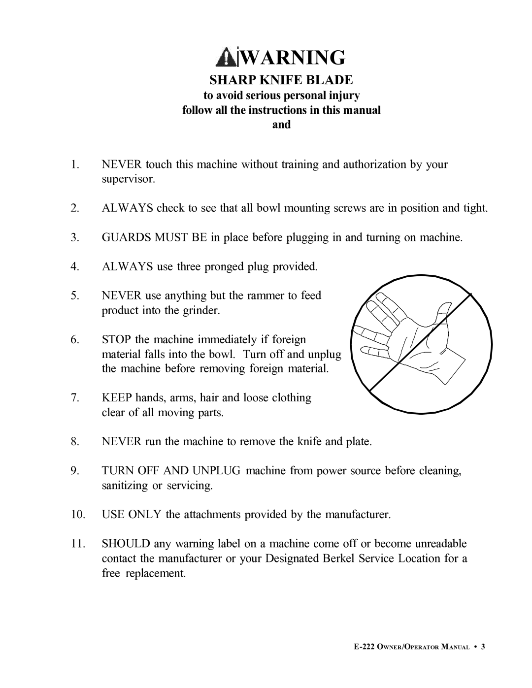 Berkel E-222 important safety instructions Sharp Knife Blade 