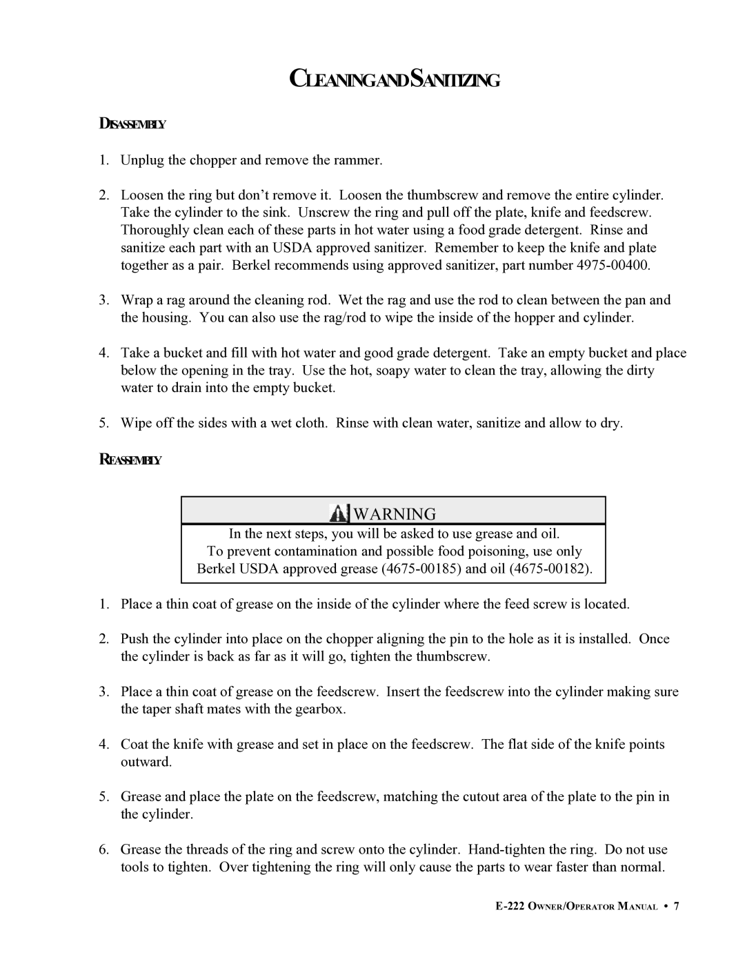 Berkel E-222 important safety instructions Cleaningandsanitizing 