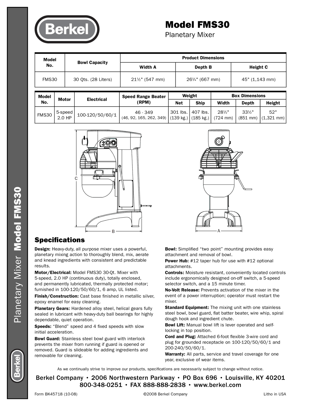 Berkel FMS30 manual Speciﬁcations, Rpm 