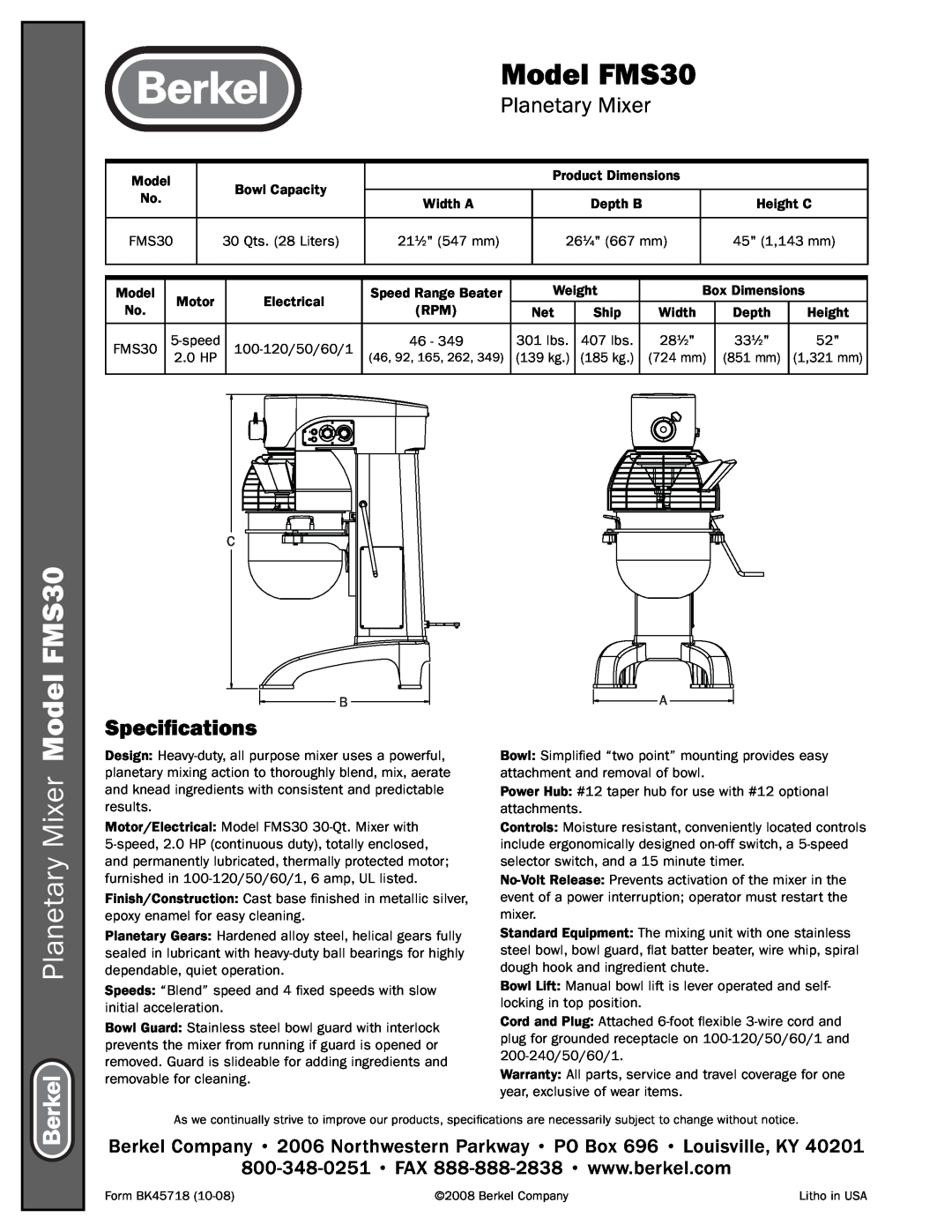Berkel manual Speciﬁcations, Planetary Mixer Model FMS30 
