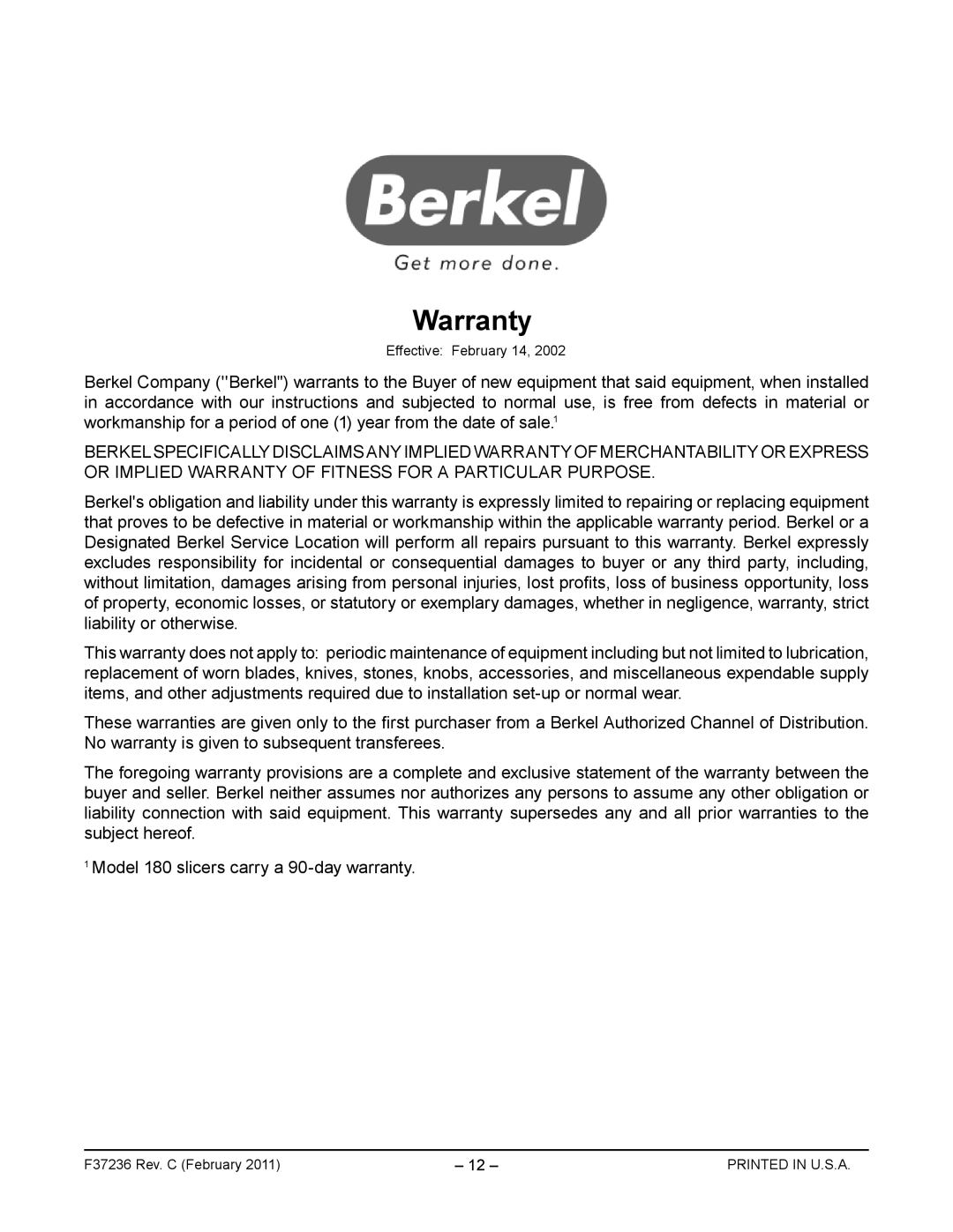 Berkel FMS40 manual Warranty 