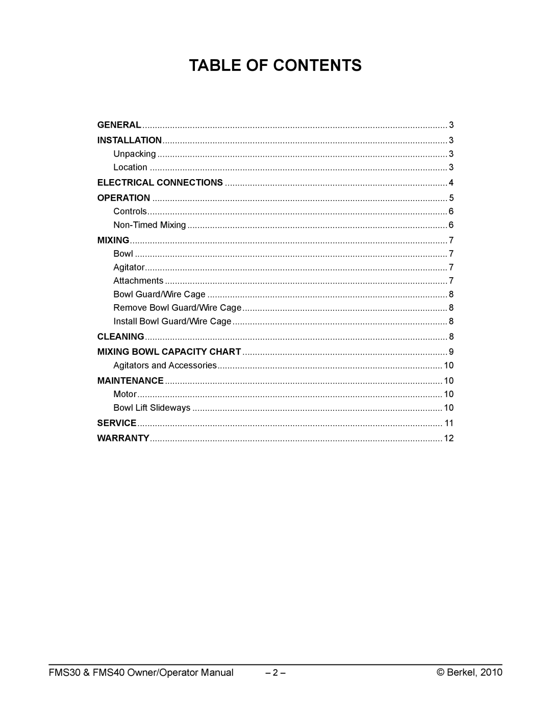 Berkel FMS40 manual Table of Contents 