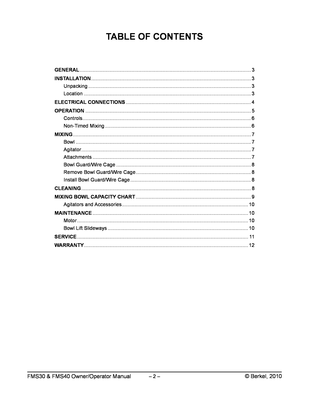 Berkel manual Table Of Contents, FMS30 & FMS40 Owner/Operator Manual, Berkel 