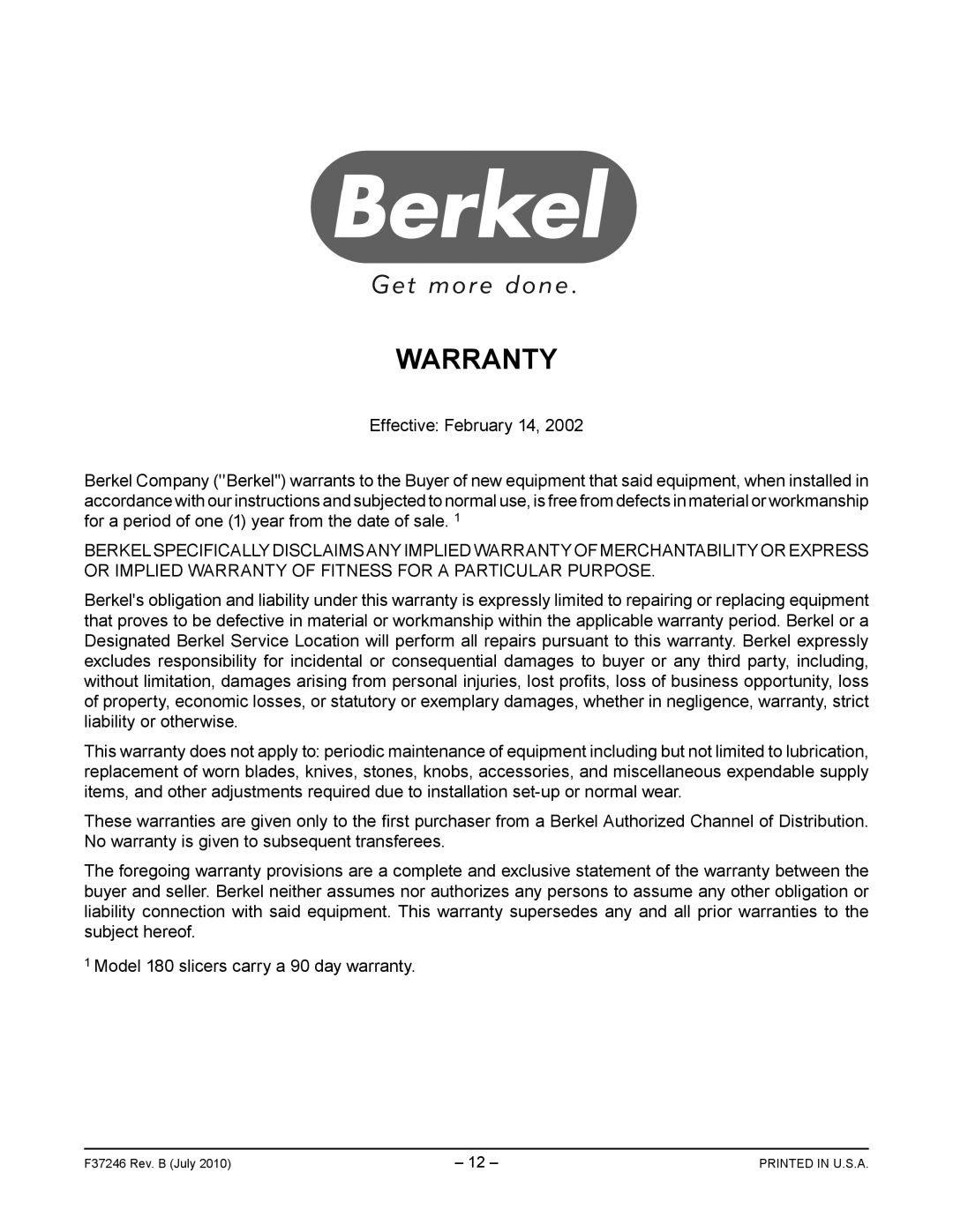 Berkel FMS60 manual Warranty 