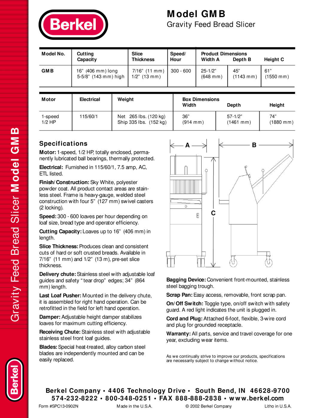 Berkel manual Gravity Feed Bread Slicer Model GMB, Specifications, Gmb 