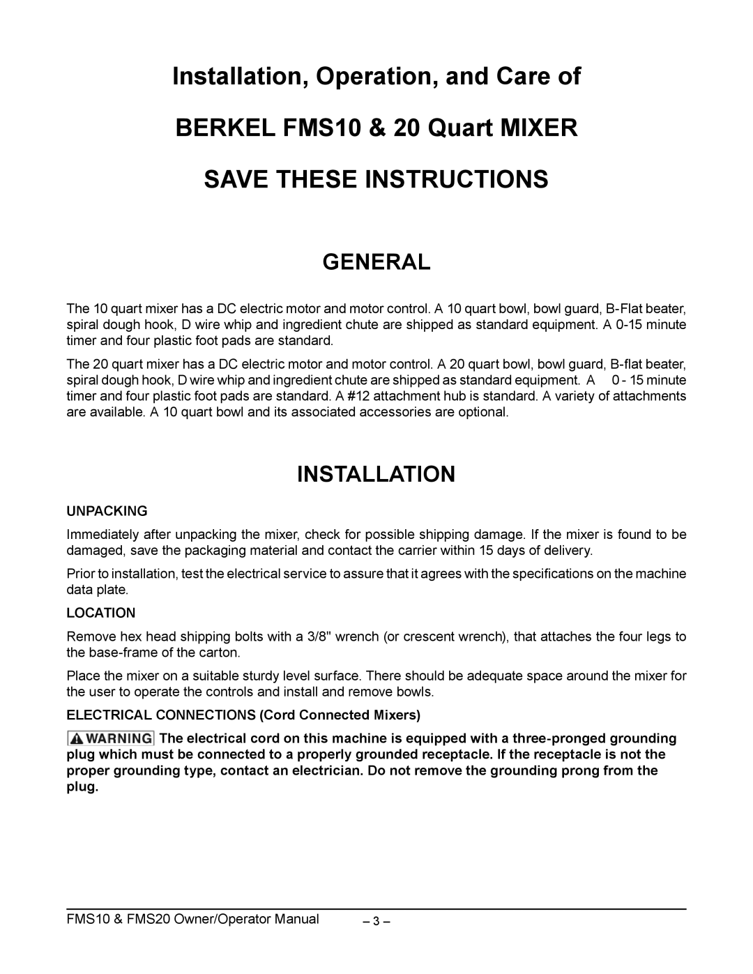 Berkel FMS20 manual Installation, Operation, and Care of BERKEL FMS10 & 20 Quart MIXER, Save These Instructions, General 