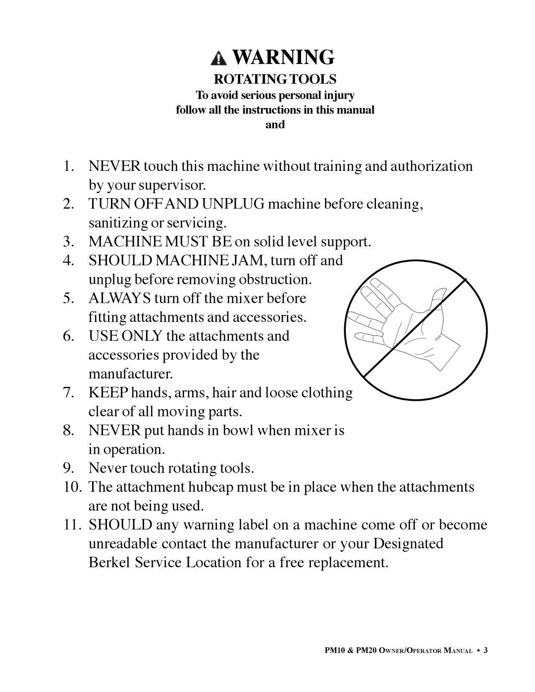 Berkel PM20, PM10 important safety instructions Rotating Tools 