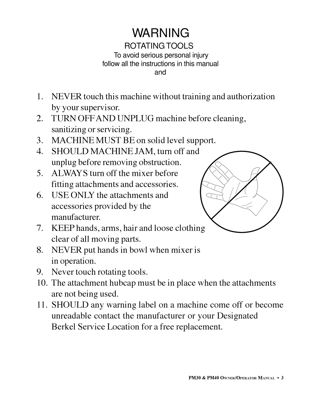 Berkel PM30, PM40 important safety instructions Rotating Tools 