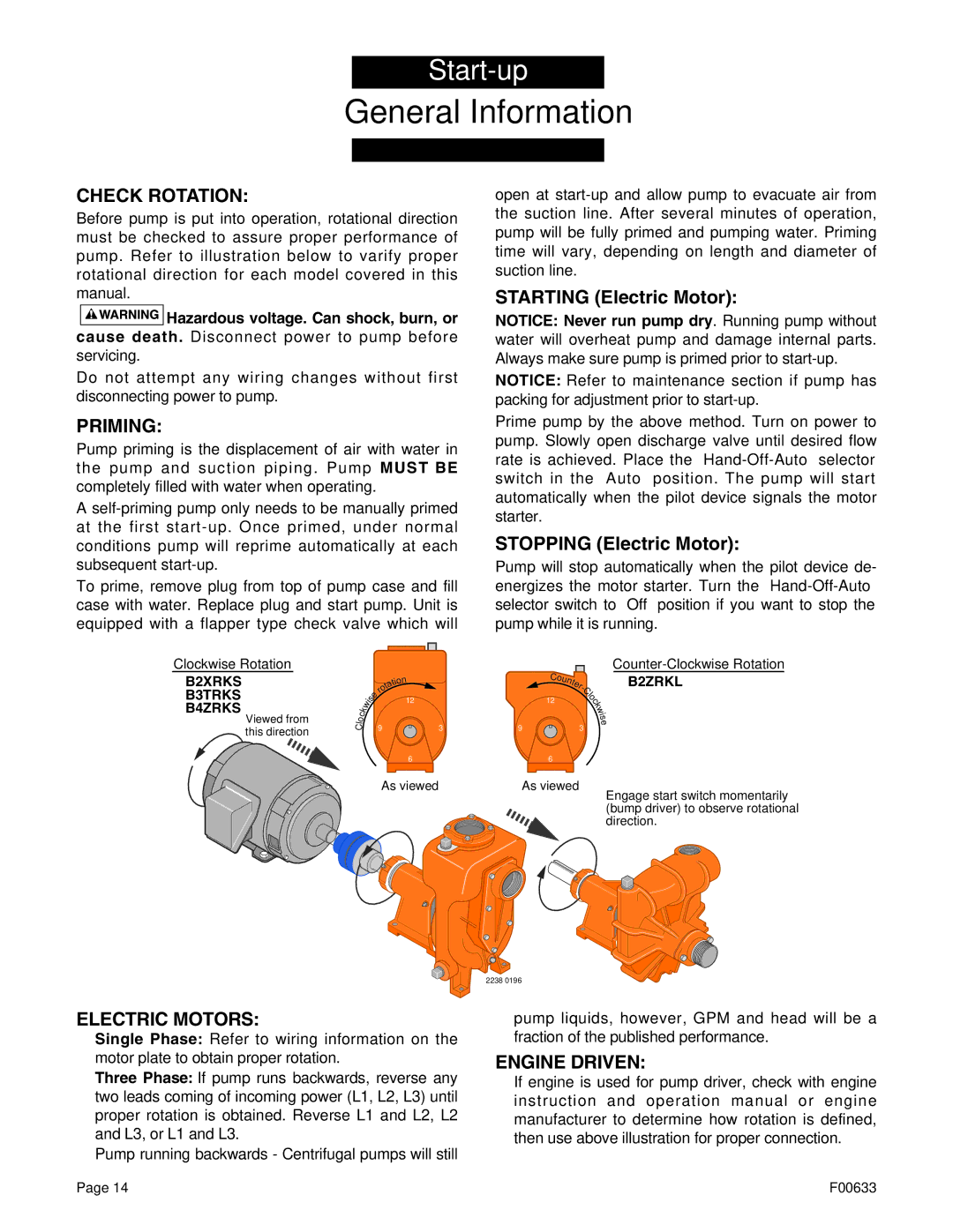 Berkley B2ZRKL, B3TRKS, B4ZRKS, B2XRKS owner manual Check Rotation, Priming, Electric Motors, Engine Driven 