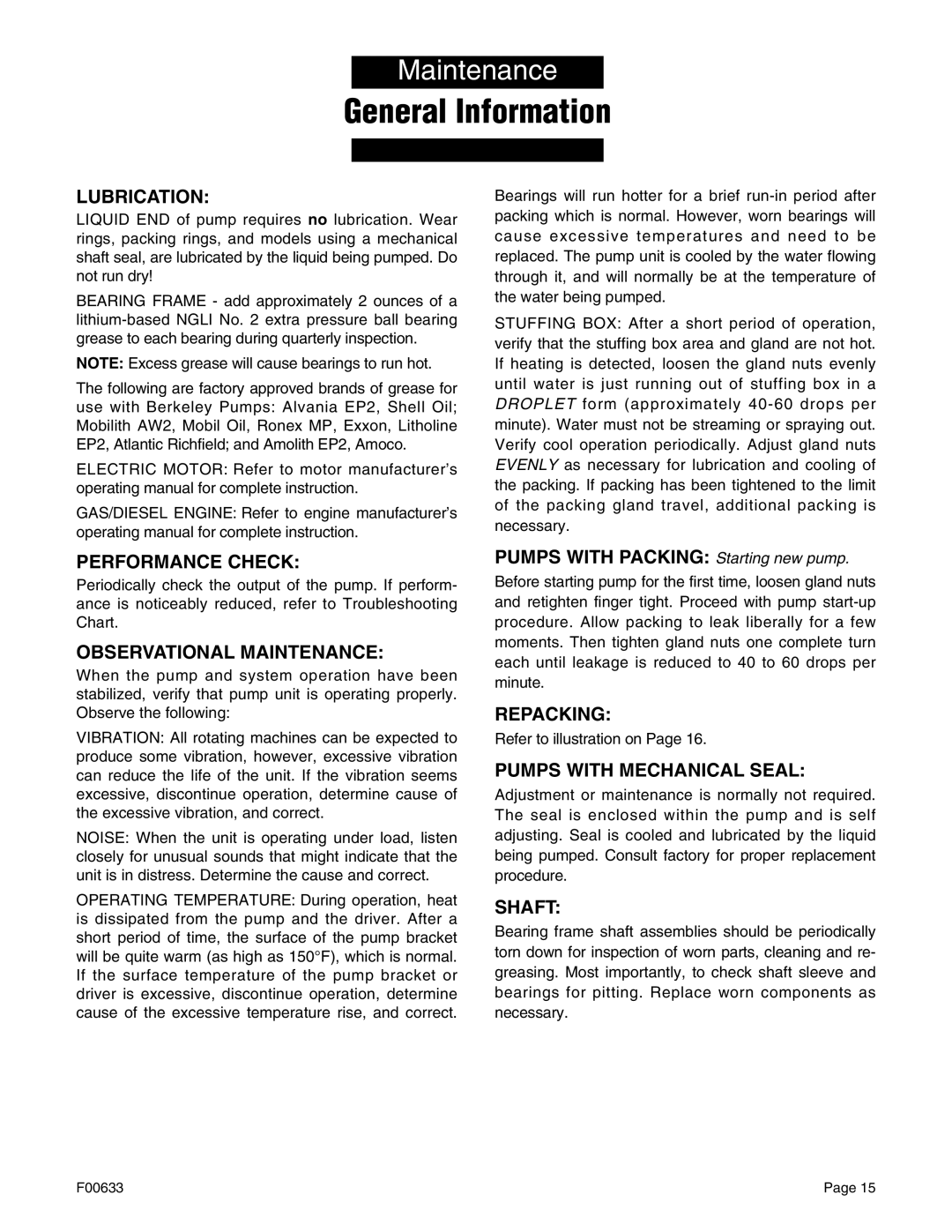 Berkley B2XRKS Lubrication, Performance Check, Observational Maintenance, Repacking, Pumps with Mechanical Seal, Shaft 