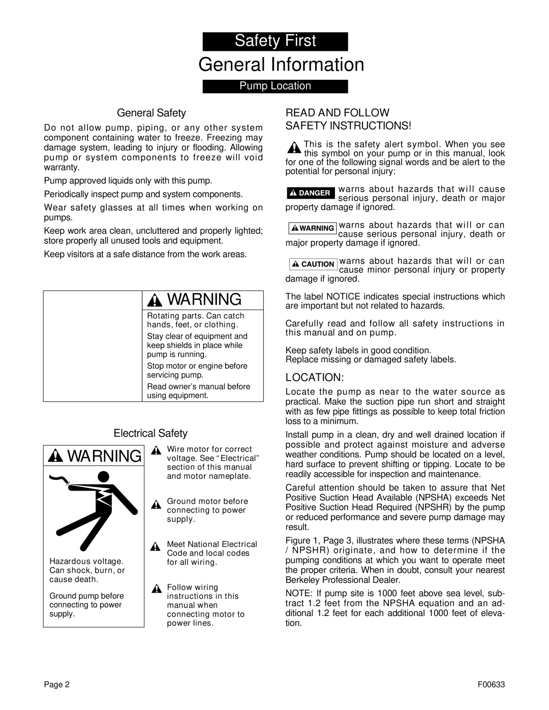 Berkley B2ZRKL, B3TRKS, B4ZRKS, B2XRKS owner manual General Information, Pump Location, Read and Follow Safety Instructions 