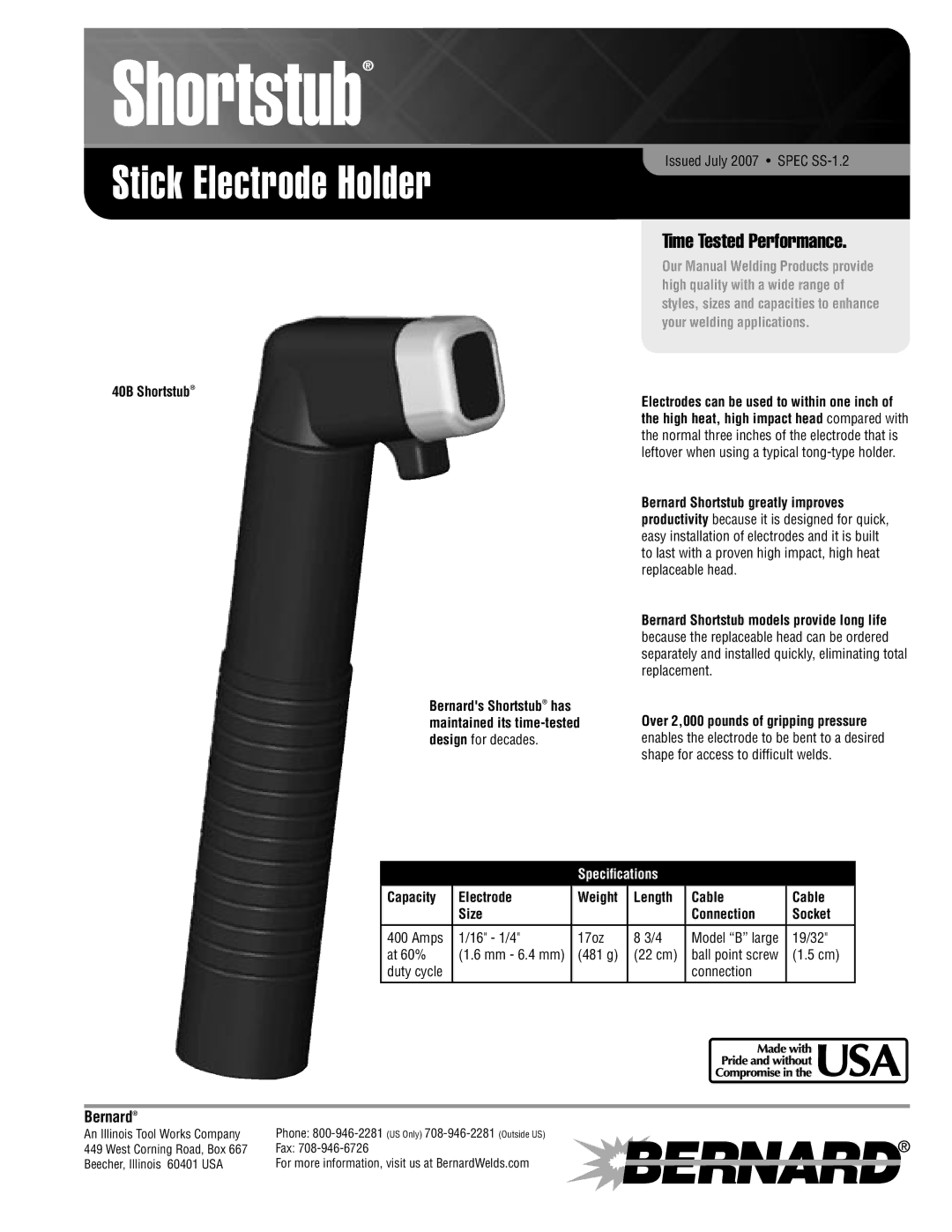 Bernard 40B specifications Shortstub, Stick Electrode Holder, Time Tested Performance, Bernard, Speciﬁcations 