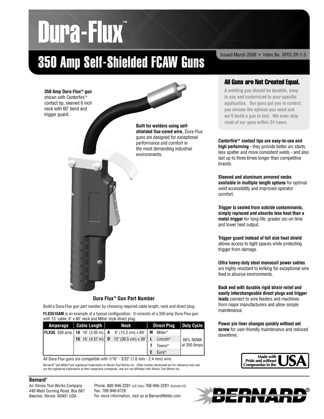 Bernard FLX3515AM manual Amp Self-Shielded Fcaw Guns, Dura FluxTM Gun Part Number, Bernard 