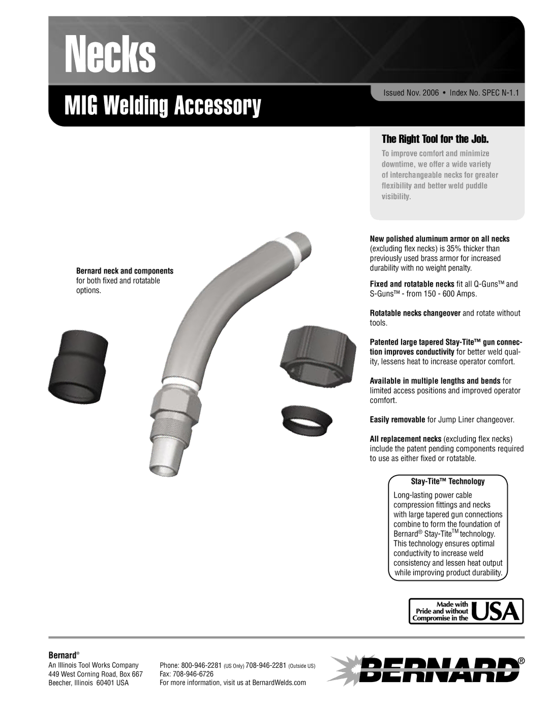 Bernard N-1.1 manual Necks, MIG Welding Accessory, Right Tool for the Job, Bernard 