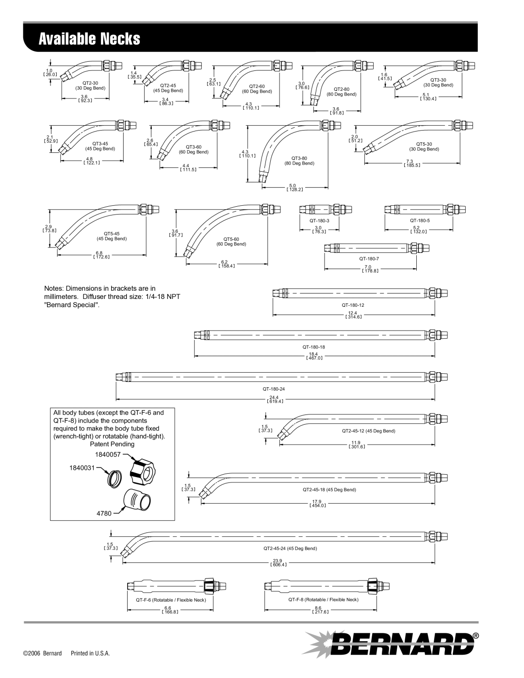 Bernard N-1.1 manual Available Necks, Patent Pending 1840031 4780 