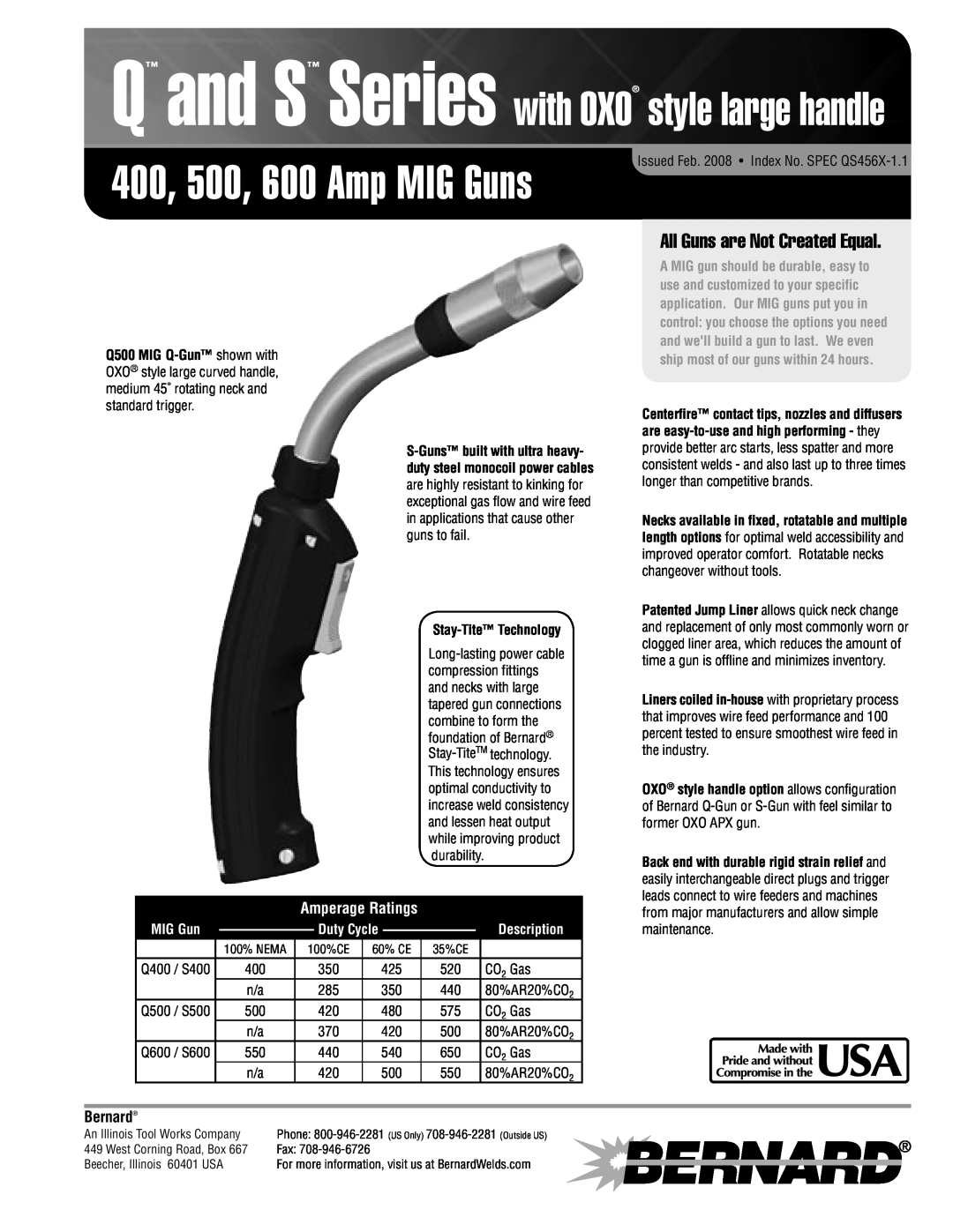Bernard S500 manual 400, 500, 600 Amp MIG Guns, Q and S Series with OXO style large handle, All Guns are Not Created Equal 