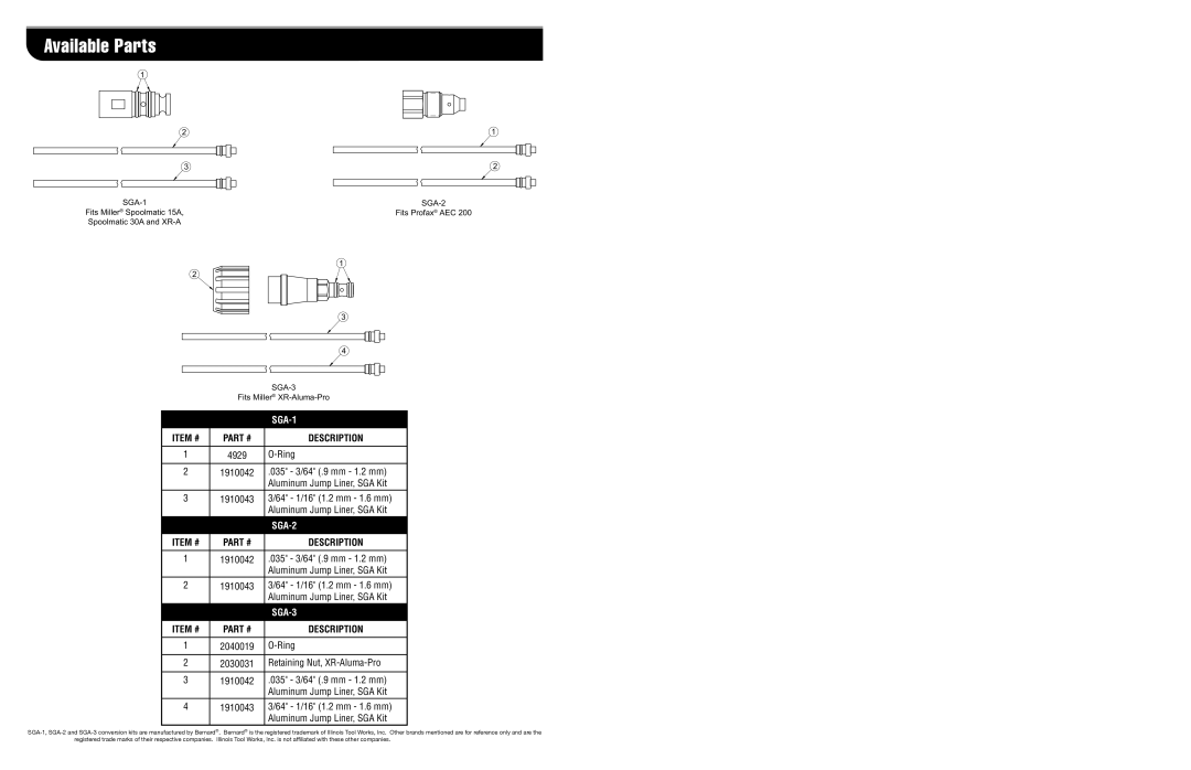 Bernard SGA-1, SGA-2, SGA-3 dimensions Available Parts 