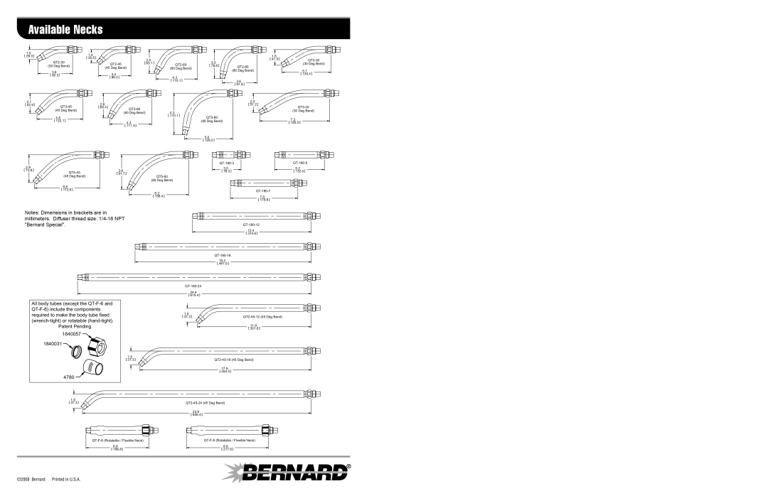 Bernard SGA-3, SGA-2, SGA-1 dimensions Available Necks 