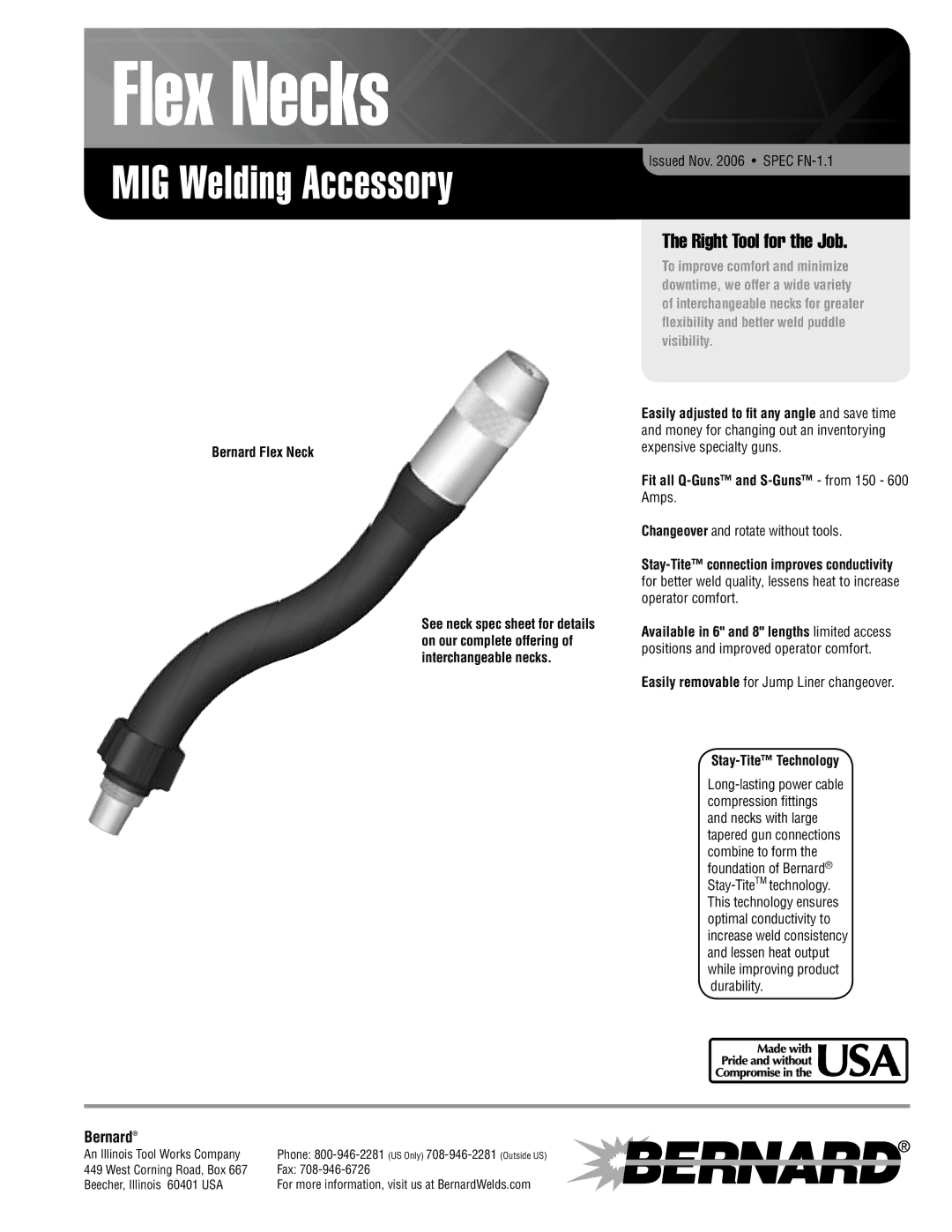 Bernard SPEC FN-1.1 manual Flex Necks, MIG Welding Accessory, Right Tool for the Job, Bernard 