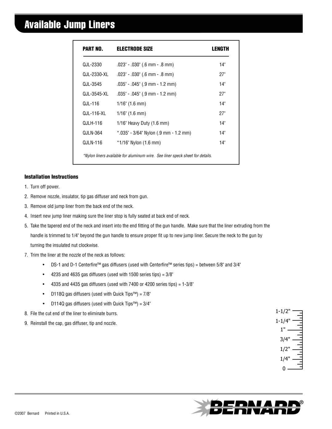 Bernard SPEC JL-1.3 manual Available Jump Liners, Electrode Size Length, Installation Instructions 