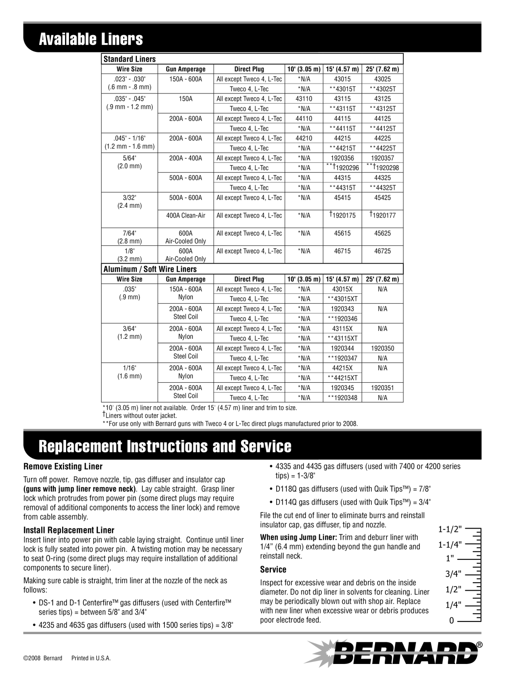 Bernard SPEC L-1.2 manual Available Liners, Replacement Instructions and Service, Remove Existing Liner 