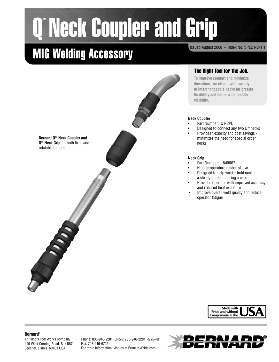 Bernard SPEC NC-1.1 manual Neck Coupler and Grip, MIG Welding Accessory, Right Tool for the Job, Bernard 