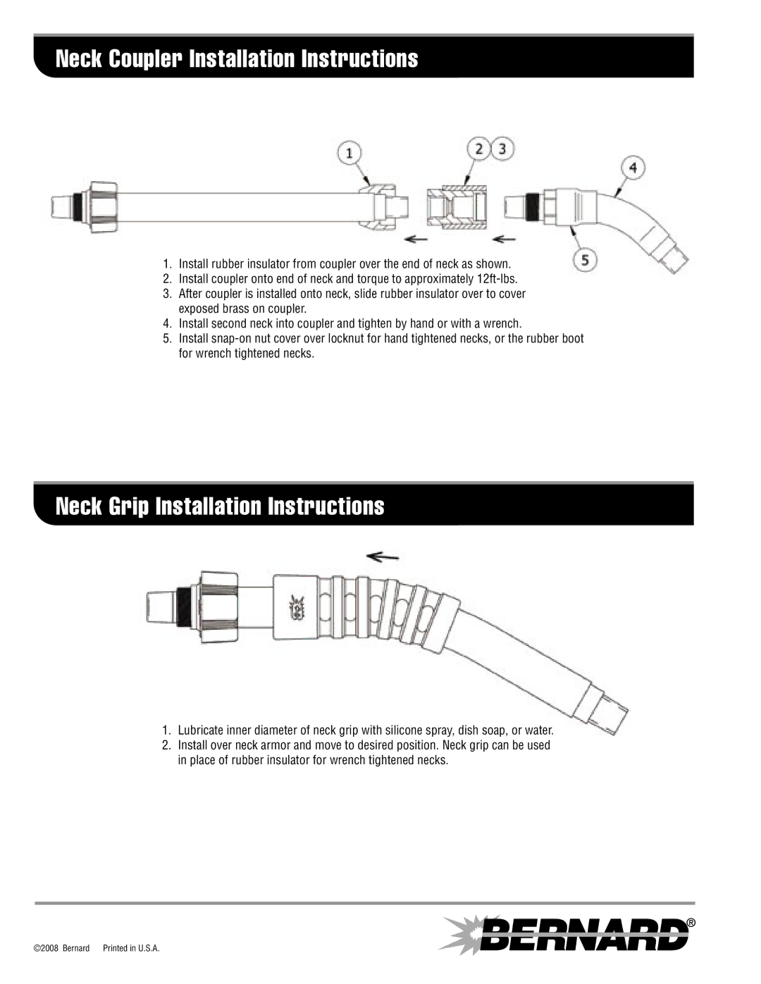 Bernard SPEC NC-1.1 manual Neck Coupler Installation Instructions, Neck Grip Installation Instructions 