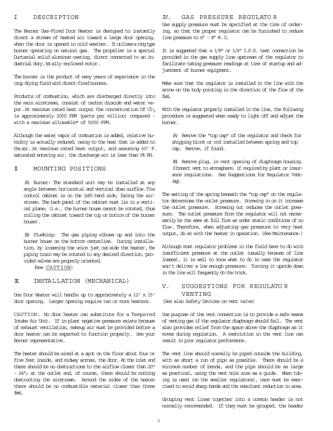 Berner International B-22, B-24 manual Description IV. GAS Pressure Regulato R, Mounting Positions, Installation Mechanical 