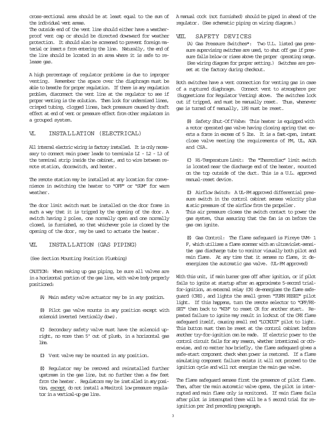 Berner International B-24, B-22 manual VI. Installation Electrical, VII. Installation GAS Piping, VIII. Safety Devices 