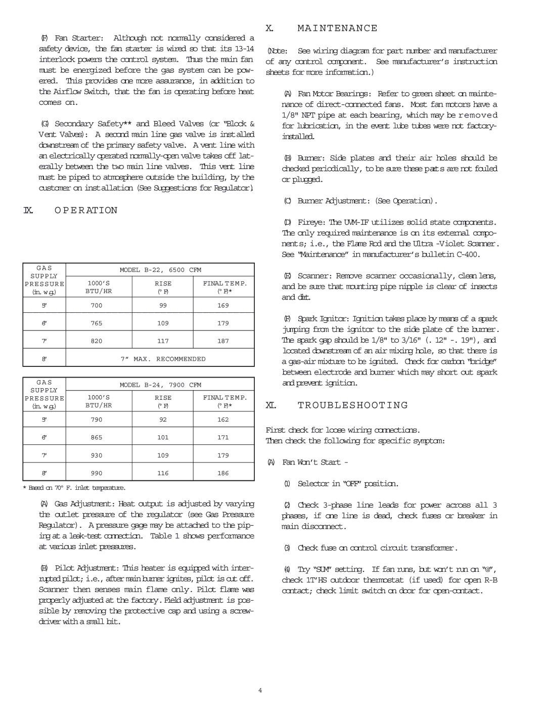 Berner International B-22, B-24 manual Maintenance, XI. Troubleshooting, Burner Adjustment See Operation 