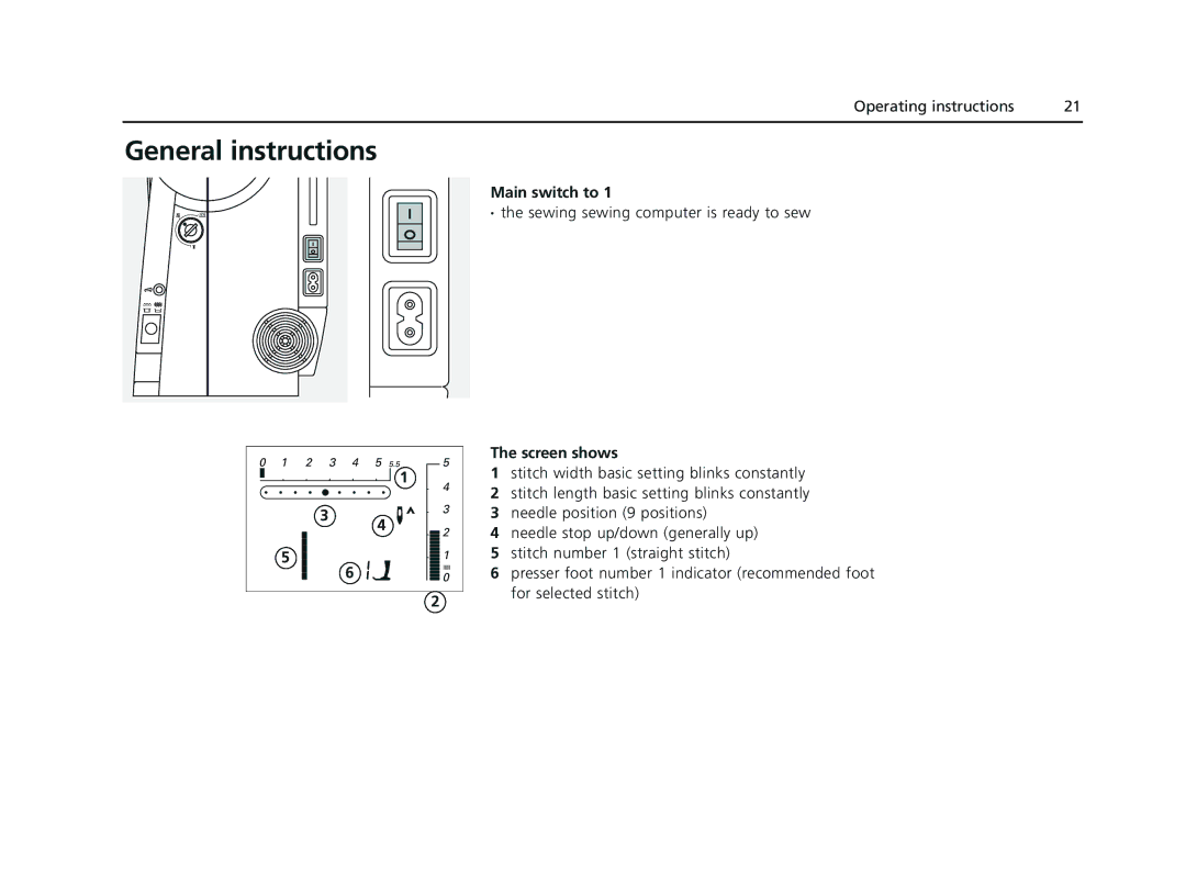 Bernina 135 S appendix General instructions, Main switch to, Screen shows 