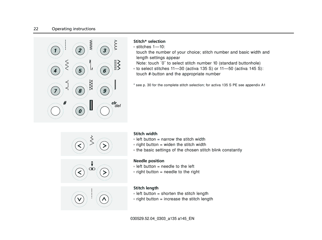 Bernina 135 S appendix Stitch* selection, Stitch width, Needle position, Stitch length 