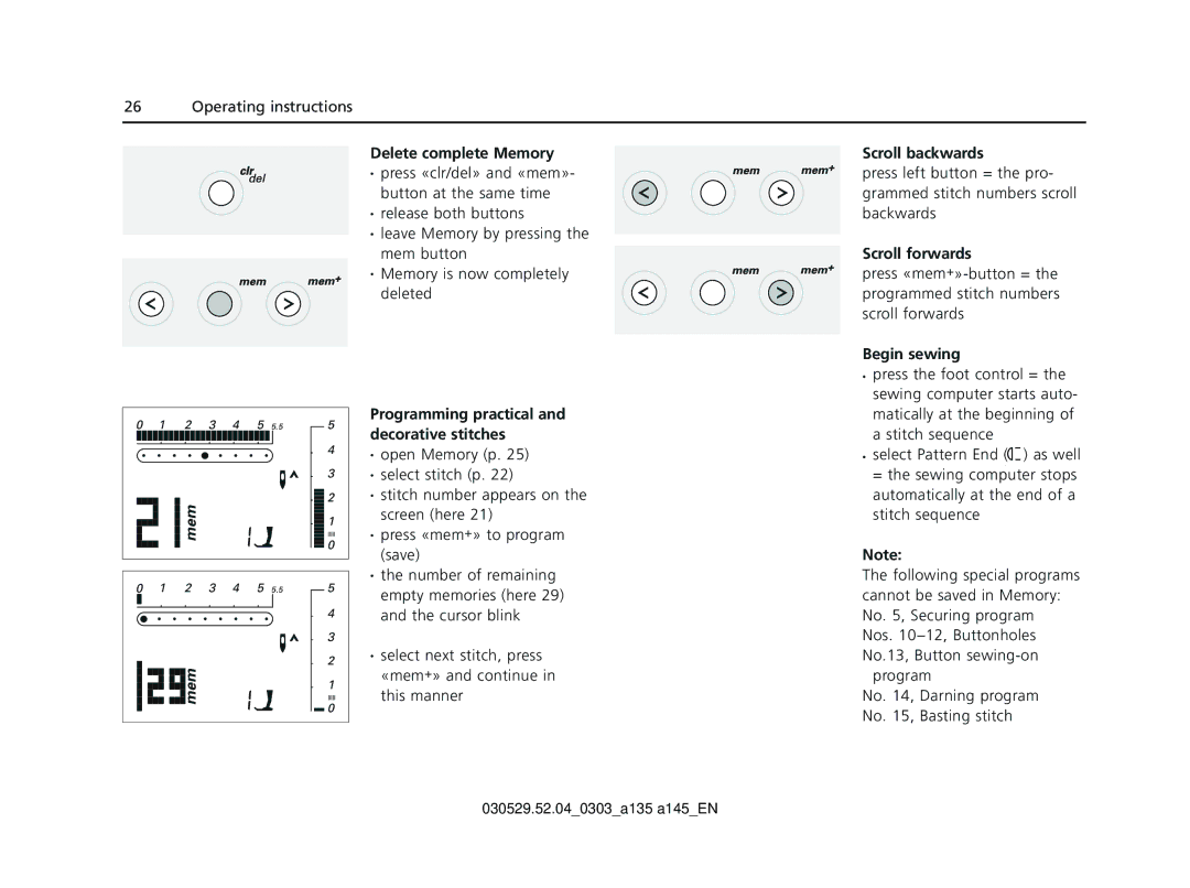 Bernina 135 S appendix Delete complete Memory, Scroll backwards, Scroll forwards, Begin sewing 